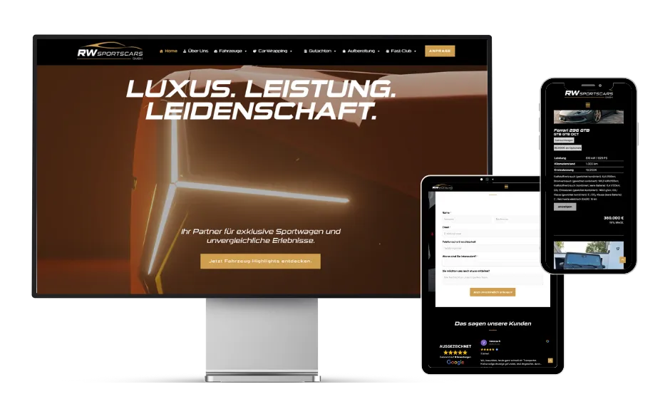 Ansicht der Fahrzeugliste auf der RWSportscars Seite